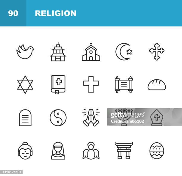 stockillustraties, clipart, cartoons en iconen met religie iconen. bewerkbare lijn. pixel perfect. voor mobiel en internet. bevat zulke iconen als religie, god, geloof, bidden, christelijk, katholiek, kerk, islam, jodendom, moslim, hindoeïsme, meditatie, bijbel. - religion