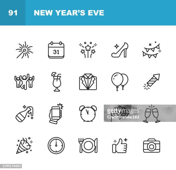 新年前夕圖示。可編輯描邊。圖元完美。適用于移動和 web。包含諸如除夕，派對，煙花，音樂，舞蹈，飲料，香檳，�倒計時，慶祝，高跟鞋，餐廳，西裝等圖示。 - new years eve 幅插畫檔、美工圖案、卡通及圖標