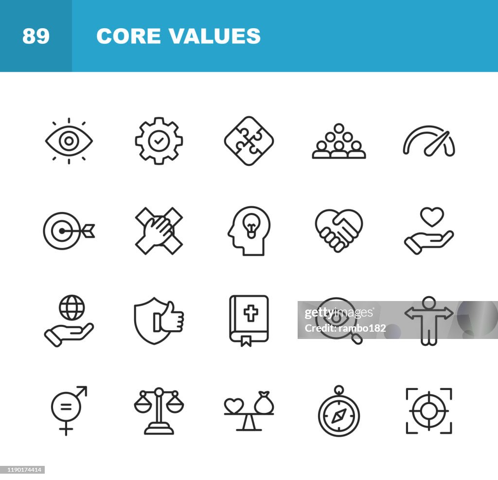 Core Values Icons. Editable Stroke. Pixel Perfect. For Mobile and Web. Contains such icons as Responsibility, Vision, Business Ethics, Law, Morality, Social Issues, Teamwork, Growth, Trust, Quality.