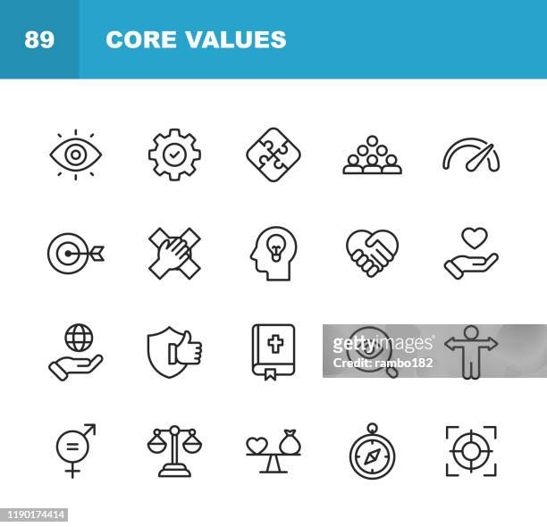core values icons. editable stroke. pixel perfect. for mobile and web. contains such icons as responsibility, vision, business ethics, law, morality, social issues, teamwork, growth, trust, quality. - honesty stock illustrations