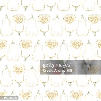 Butternut Squash Seamless Pattern Background. Vector Ink and Watercolor Drawing. Butternut Squash Seamless Pattern Background. Vector Ink and Watercolor Drawing.