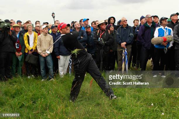Sergio Garcia of Spain hits from the rough on the 15th hole during the first round of The 140th Open Championship at Royal St George's on July 14,...