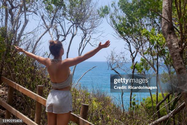 woman with open arms with her back to the camera. in the image you can see how the woman observes a beach landscape from the top of a point of view. in the image you can see trees and a wooden bridge and in the background the calm sea. - magdalena department colombia stock pictures, royalty-free photos & images