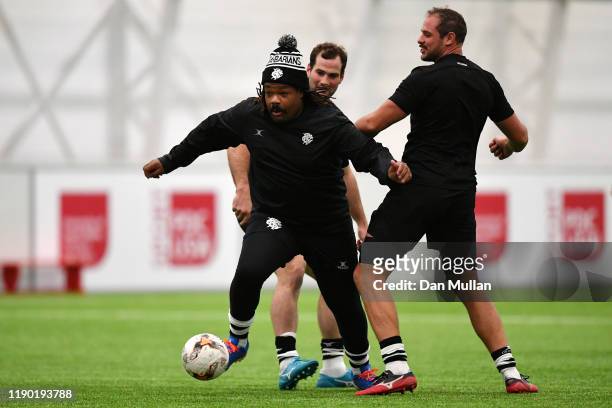Mathieu Bastareaud of the Barbarians takes on Tyler Ardron and Craig Millar of the Barbarians at the University of South Wales Treforest Campus on...