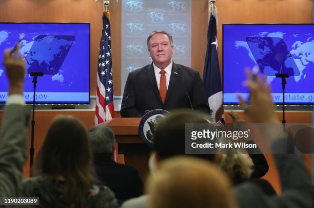Secretary of State Mike Pompeo speaks to the media in the briefing room at the State Department, on November 26, 2019 in Washington, DC. Secretary...