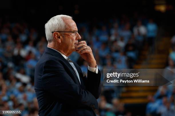 Head coach Roy Williams coaches during a game against the Notre Dame Fighting Irish on November 06, 2019 at the Dean Smith Center in Chapel Hill,...