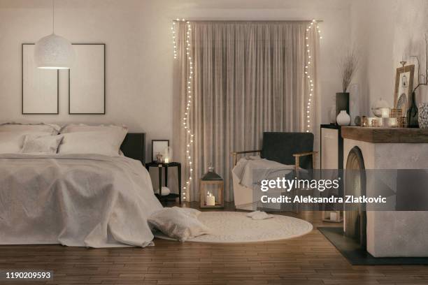 cozy bedroom - string light stock pictures, royalty-free photos & images