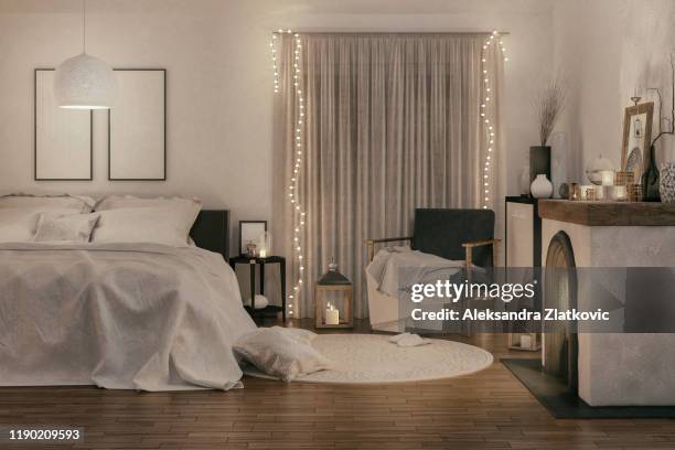 cozy bedroom - christmas living room stock pictures, royalty-free photos & images