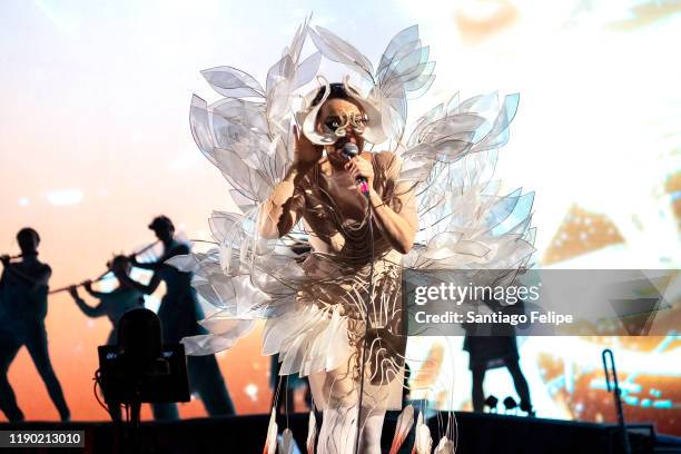 Bjork performs onstage during her "Cornucopia" tour at The SSE Hydro on November 25, 2019 in Glasgow, Scotland.