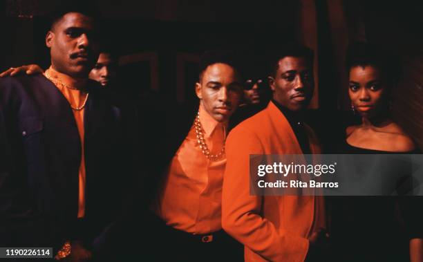 Portrait of, from left, American actors Bill Nunn, Allen Payne, Wesley Snipes, and Vanessa Williams on the set of their film 'New Jack City' , New...