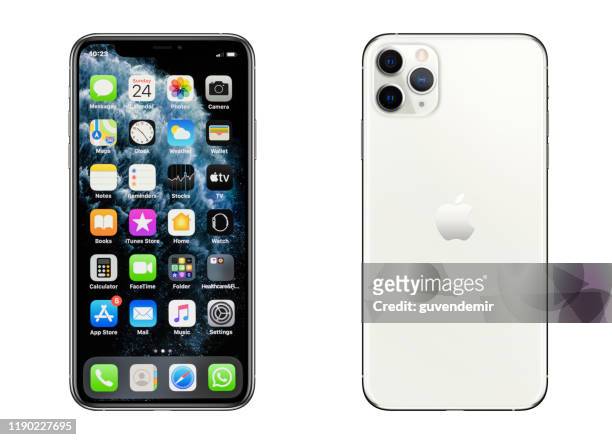 iphone 11 pro max silver smartphone - using iphone imagens e fotografias de stock