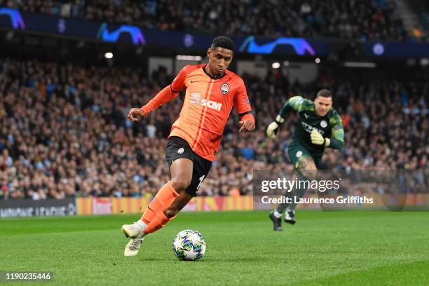 Tete of Shakhtar Donetsk runs with the ball towards goal following a mistake by Ederson of Manchester City during the UEFA Champions League group C...