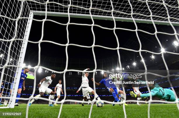 Ruben Semedo of Olympiacos scores his team's second goal past Paulo Gazzaniga of Tottenham Hotspur during the UEFA Champions League group B match...