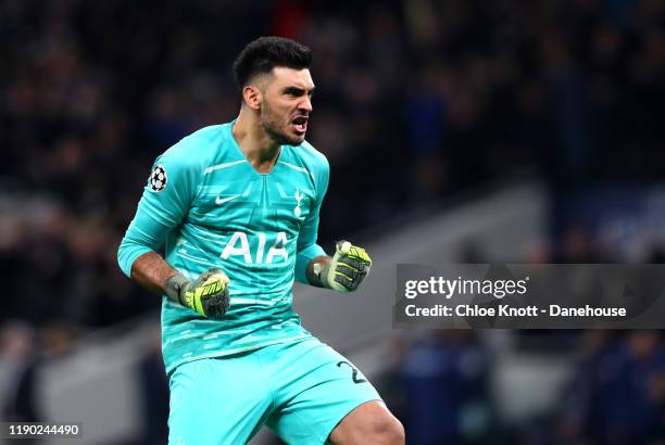 Paulo Gazzaniga of Tottenham Hotspur celebrates his teams second goal during the UEFA Champions League group B match between Tottenham Hotspur and...