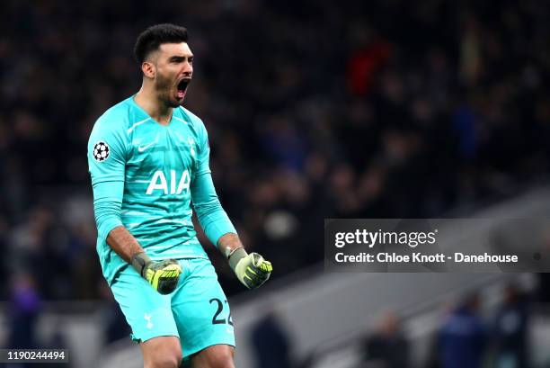 Paulo Gazzaniga of Tottenham Hotspur celebrates his teams second goal during the UEFA Champions League group B match between Tottenham Hotspur and...