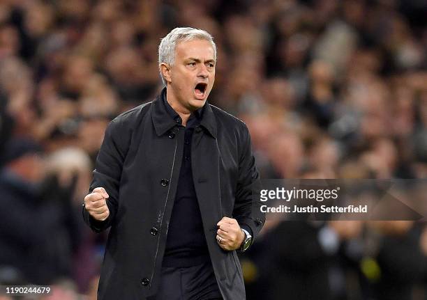 Jose Mourinho, Manager of Tottenham Hotspur celebrates his team's second goal during the UEFA Champions League group B match between Tottenham...