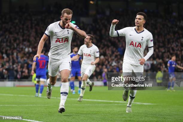 Harry Kane of Tottenham Hotspur celebrates after scoring his team's second goal during the UEFA Champions League group B match between Tottenham...