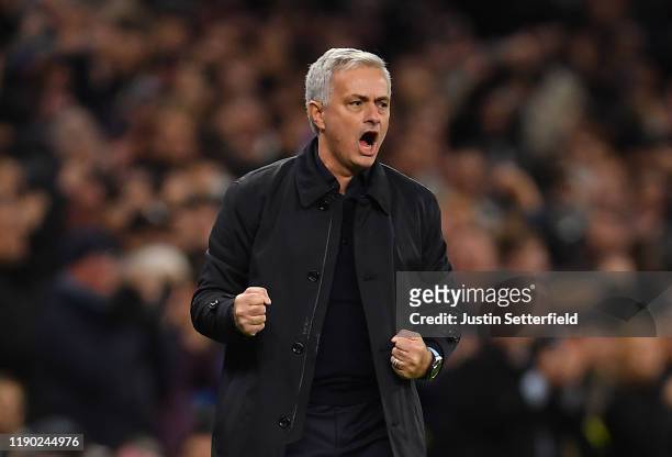 Jose Mourinho, Manager of Tottenham Hotspur celebrates after Harry Kane of Tottenham Hotspur scored their teams second goal during the UEFA Champions...