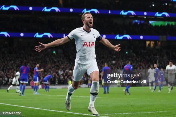 Harry Kane of Tottenham Hotspur celebrates after scoring his team's fourth goal during the UEFA Champions League group B match between Tottenham...