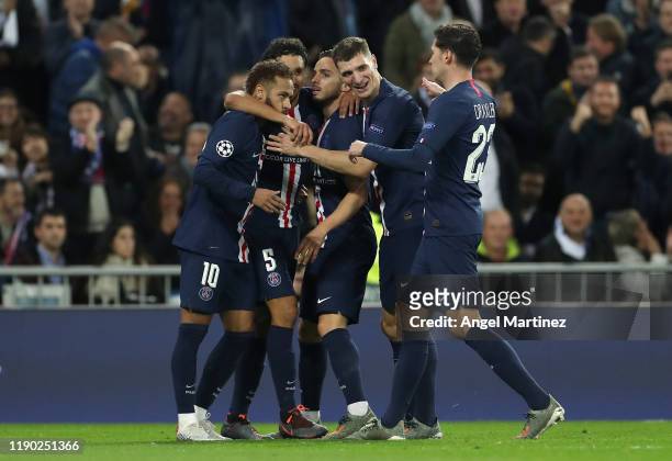 Pablo Sarabia of Paris Saint-Germain celebrates with teammates after scoring his team's second goal during the UEFA Champions League group A match...
