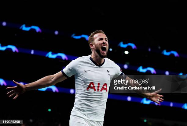 Harry Kane of Tottenham Hotspur celebrates after scoring his team's fourth goal during the UEFA Champions League group B match between Tottenham...