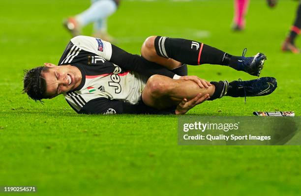 Cristiano Ronaldo of Juventus lies injured on the pitch during the UEFA Champions League group D match between Juventus and Atletico Madrid at...