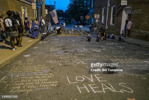 August 18: MANDATORY CREDIT Bill Tompkins/Getty Images Memorial for Heather Heyer who was killed. On August 12 a car was deliberately driven into a...