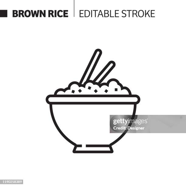 braune reis linie symbol, umriss vektor-symbol-illustration. pixel perfekt, editierbarer strich. - rice grain stock-grafiken, -clipart, -cartoons und -symbole