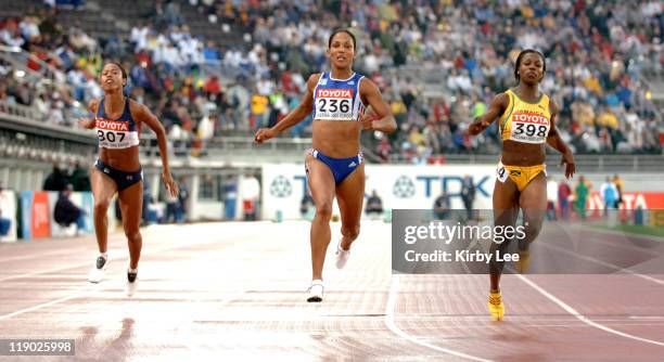 Christine Arron of France wins women's 100-meter semifinal in 10.96 in the IAAF World Championships in Athletics at Olympic Stadium in Helsinki,...