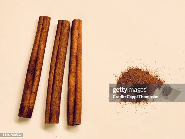 ground cinnamon and cinnamon sticks over white background - cinnamon imagens e fotografias de stock