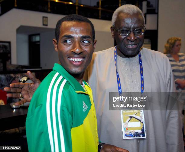 Kenenisa Bekele of Ethiopia and IAAF President Lamine Diack at 35th IAAF World Cross Country Championships press conference at the Whitesands Hotel...