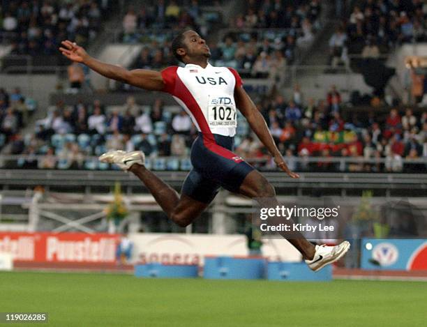 Dwight Phillips of the United States won the men's long jump at 28-2 3/4 in the IAAF World Championships in Athletics at Olympic Stadium in Helsinki,...