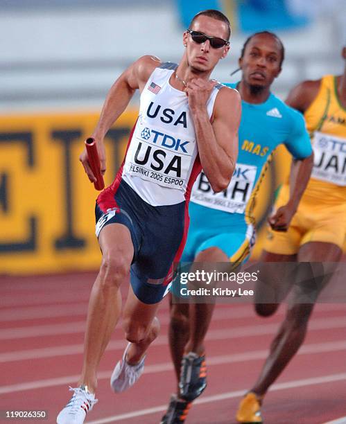 Jeremy Wariner anchors victorious United States 1,600-meter relay that timed 2:56.91 in the IAAF World Championships in Athletics at Olympic Stadium...