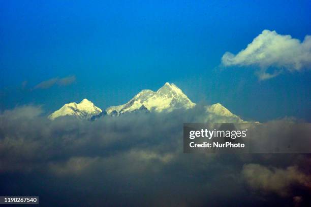 Snow peak Kangchenjunga mountain can be seen in Barmek, India, 22 December, 2019. Barmek is a small village in the Kalimpong district of the state of...