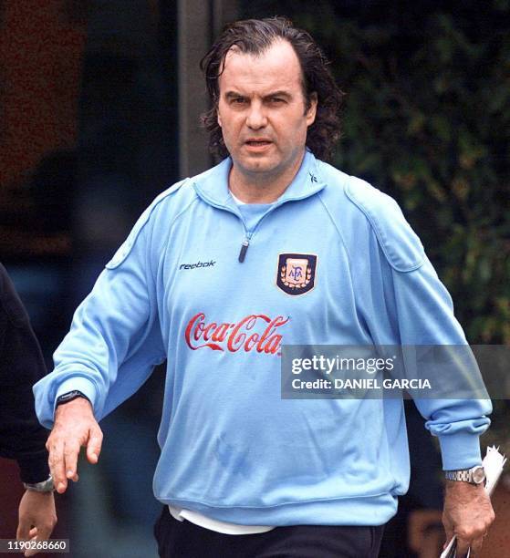 Marcelo Bielsa, Argentine coach heads towards the conference hall where the team awaits 03 September 2001 in Buenos Aires. Marcelo Bielsa director...