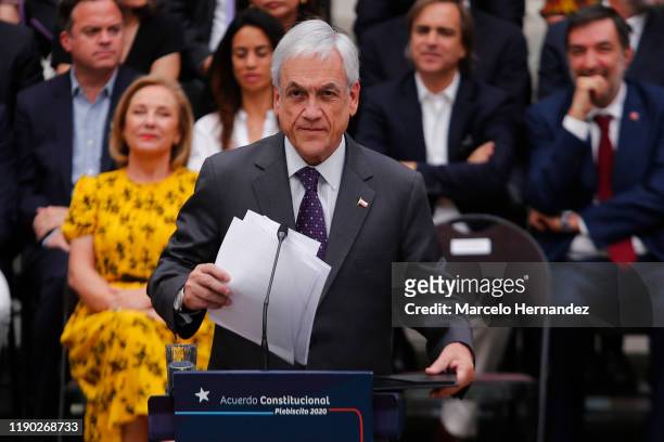 President of Chile Sebastian Piñera during a ceremony to enact the law to call for a referendum on April 2020 for a reform of the national...