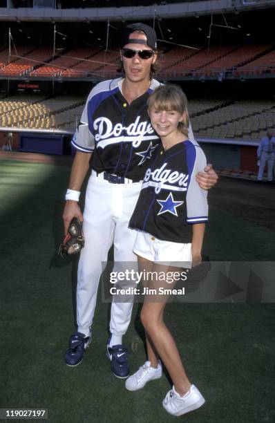 Barry Watson and Beverley Mitchell during Celebrity All-Star Baseball Game - August 8, 1998 at Dodger Stadium in Los Angeles, California, United...