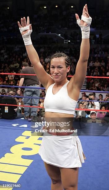 Noriko Kariya, sister of NHLer's Paul and Steve Kariya, poses after her 4 round unanimous decision win over Maria Lucy Contreras. With the win,...