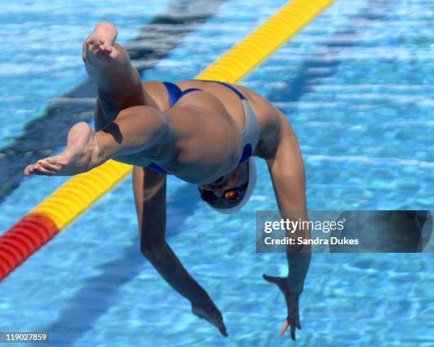 Kristen Caverly starts in the 200 Meter Breaststroke Prelims at the XI FINA World Aquatic Championships at Parc Jean-Drapeau, Montreal, Canada on...