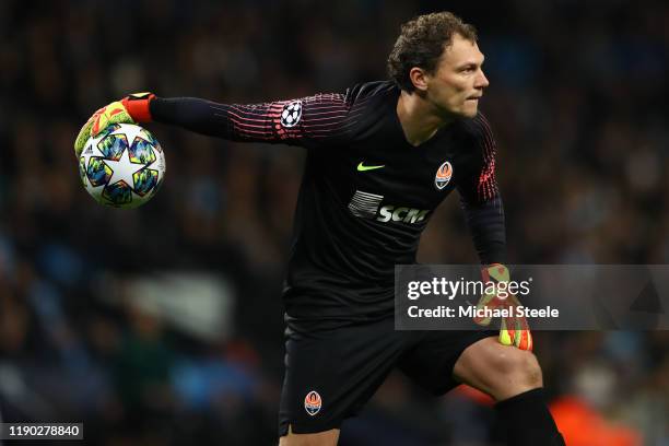 Andriy Pyatov of Shakhtar Donetsk during the UEFA Champions League group C match between Manchester City and Shakhtar Donetsk at Etihad Stadium on...