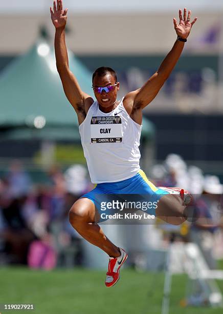 Bryan Clay sails 24-5 for the top mark in the decathlon long jump in the USA Track & Field Championships at the Home Depot Center in Carson,...