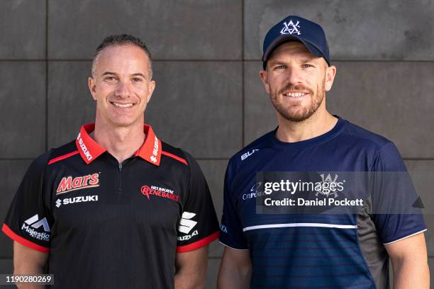 Newly appointed Melbourne Renegades Head Coach Michael Klinger and Aaron Finch of Victoria pose for a photograph during a Cricket Victoria press...