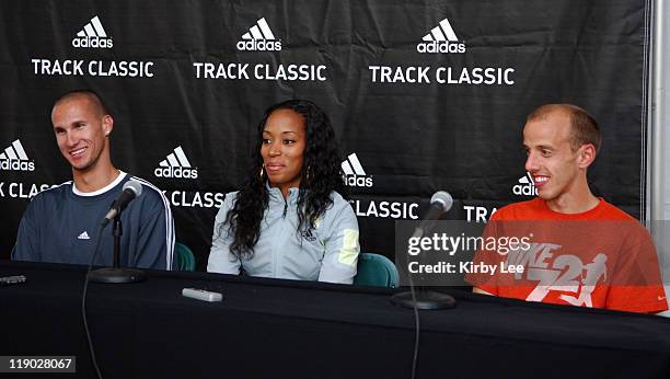 Jeremy Wariner, Me'Lisa Barber and Alan Webb at adidas Track Classic press conference at the Home Depot Center in Carson, Calif. On Thursday, May 18,...