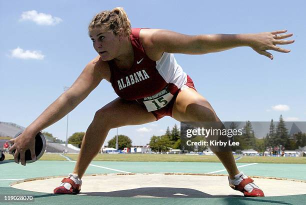 Beth Mallory of Alabama won the women's discus at 194-9 in the NCAA Track & Field Championships at Sacramento State's Hornet Stadium in Sacramento,...