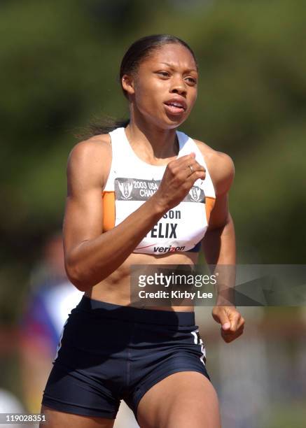 Baptist High School Senior Allyson Felix wins first round of 200 meters in 23..19 seconds in the USATF Nationals at Stanford.