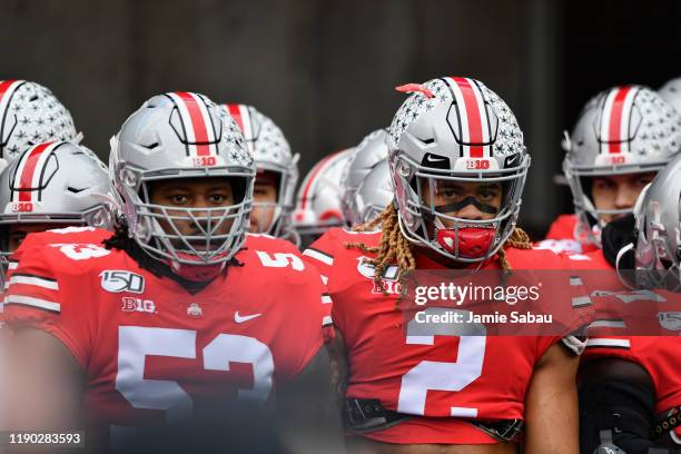 Chase Young of the Ohio State Buckeyes warms up before a game against the Penn State Nittany Lions at Ohio Stadium on November 23, 2019 in Columbus,...