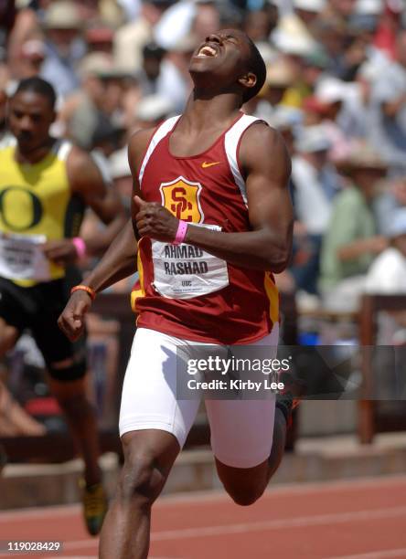 Ahmad Rashad of USC celebrates after winning the 200 meters in 20.56 in the Pacific-10 Conference Track & Championships at Stanford University's Cobb...