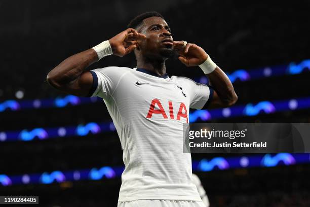 Serge Aurier of Tottenham Hotspur celebrates after scoring his team's third goal during the UEFA Champions League group B match between Tottenham...