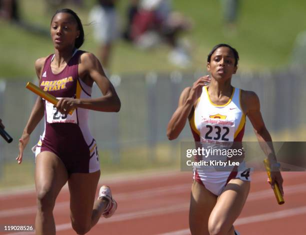 Kandace Tucker of Arizona State and Alexis Weatherspoon of USC battle down the stretch of the women's 400-meter relay in the NCAA Division I West...