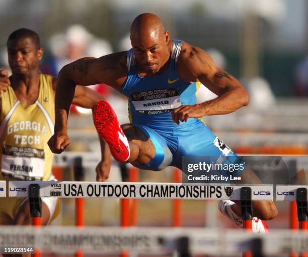 Dominique Arnold wins 110-meter high hurdle heat in 13.52 in the USA Track & Field Championships at the Home Depot Center in Carson, California on...